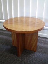 Polished Timber Veneer Coffee Table. Cross Panel Base. 600 Dia
